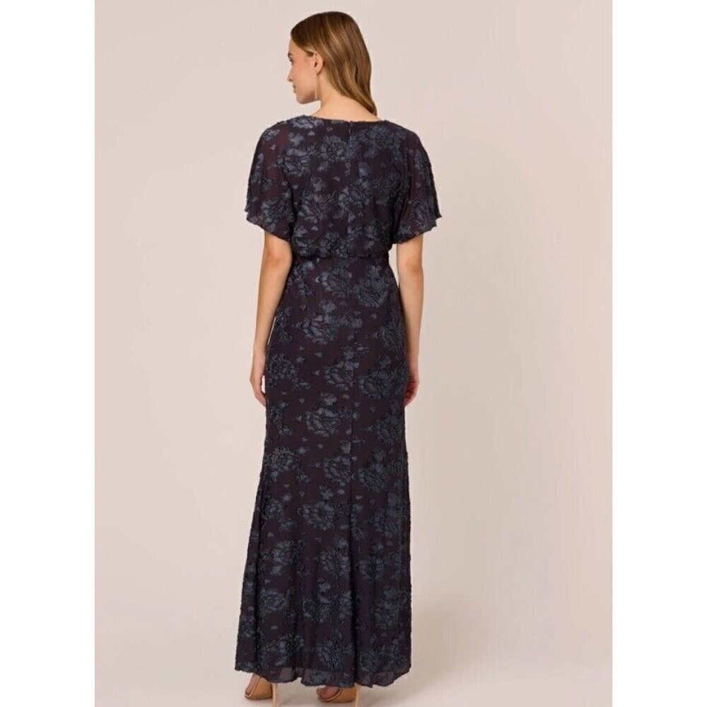 Adrianna Papell Womens 2 Navy Floral Burnout Velvet Long Blouson Dress Gown New - Picture 5 of 16